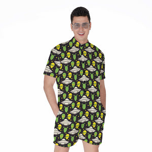 Green Alien UFO Space Print Men's Rompers