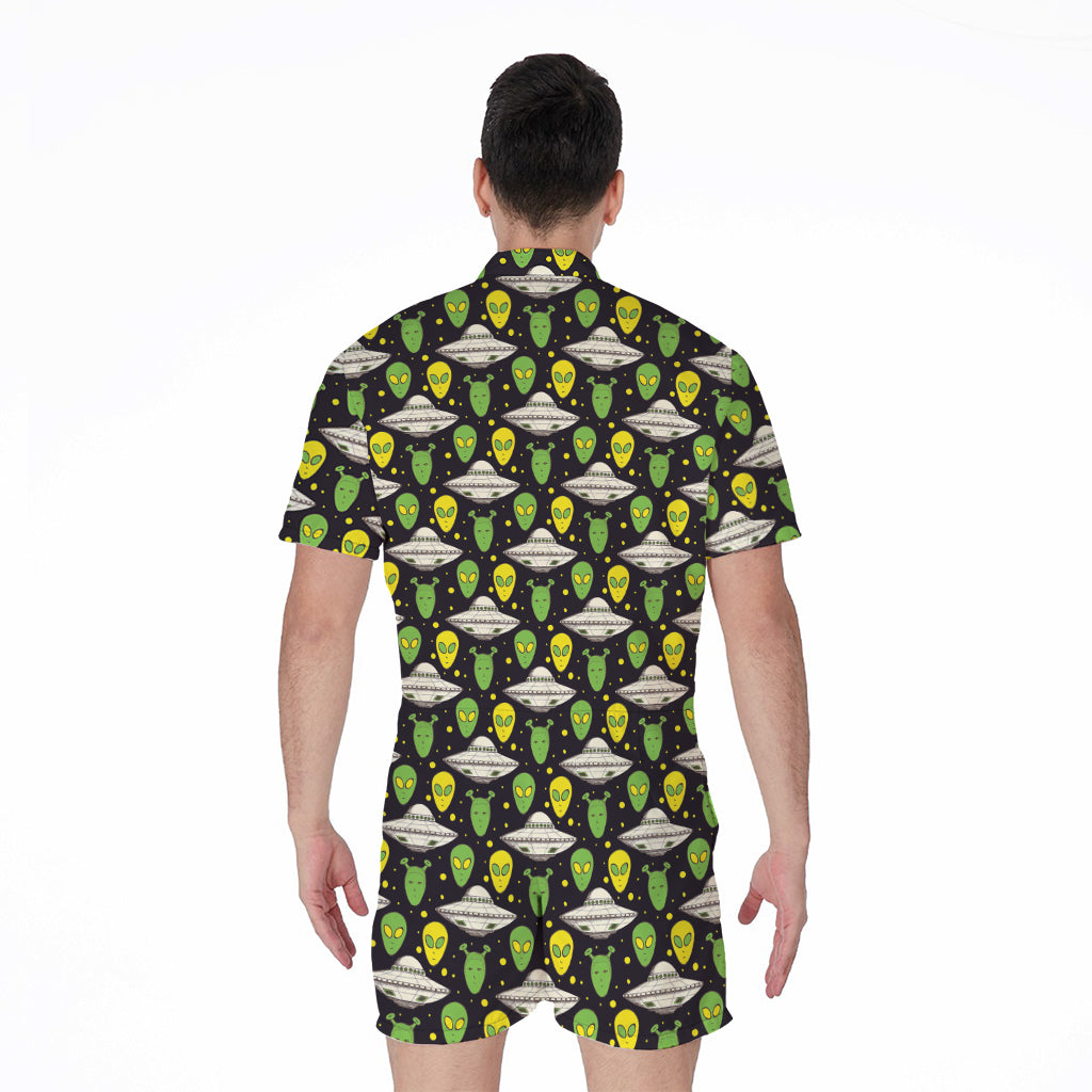 Green Alien UFO Space Print Men's Rompers
