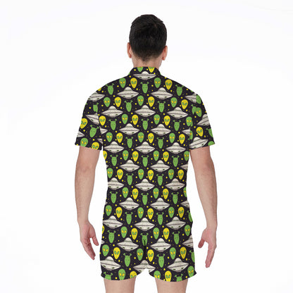 Green Alien UFO Space Print Men's Rompers