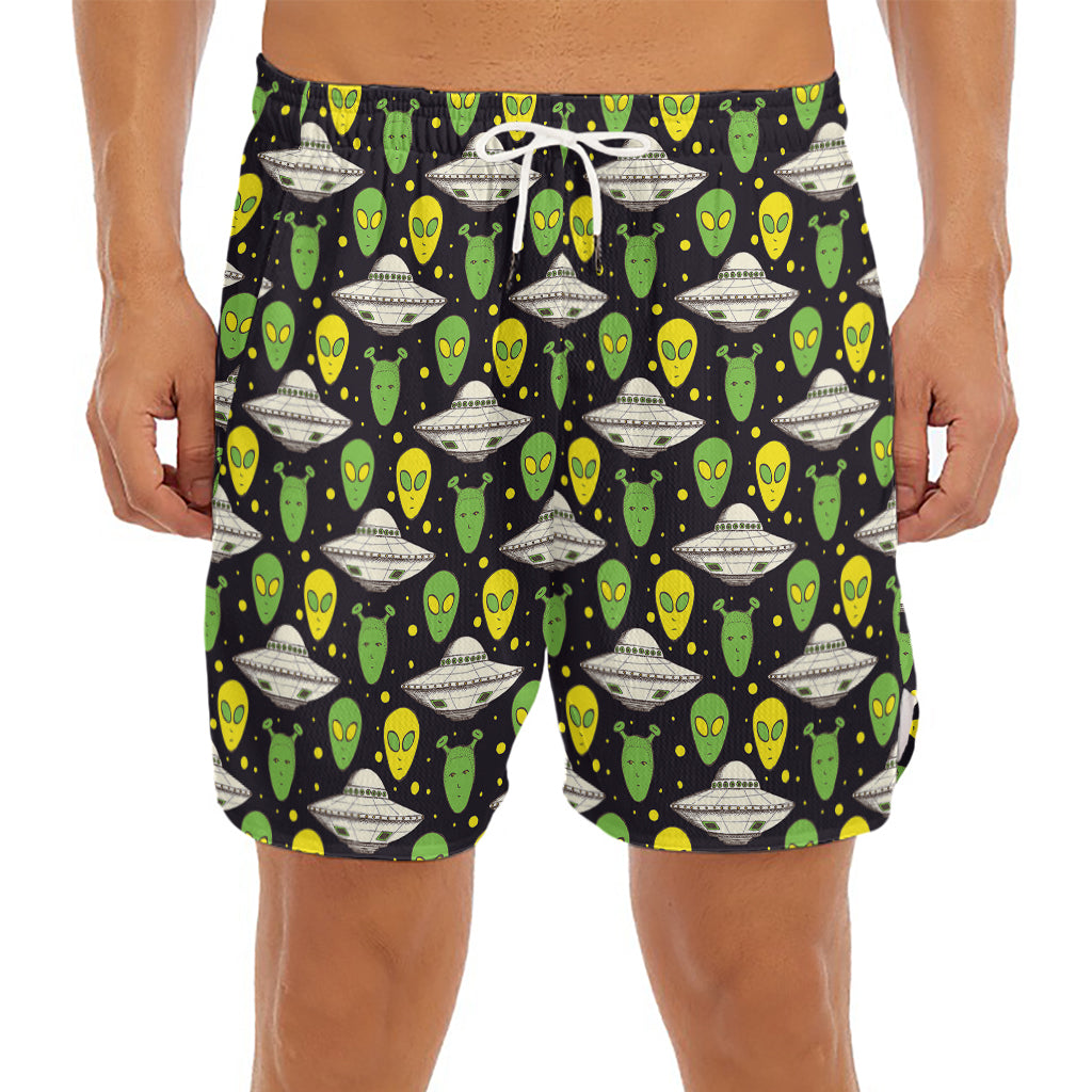 Green Alien UFO Space Print Men's Split Running Shorts