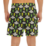 Green Alien UFO Space Print Men's Split Running Shorts