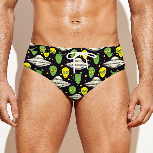 Green Alien UFO Space Print Men's Swim Briefs