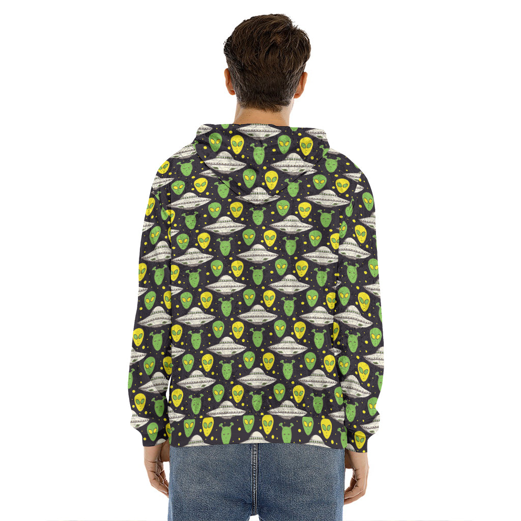 Green Alien UFO Space Print Men's Velvet Pullover Hoodie