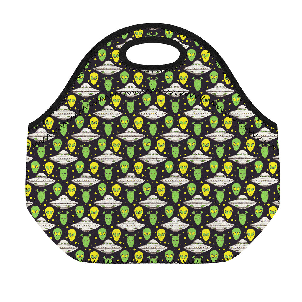 Green Alien UFO Space Print Neoprene Lunch Bag