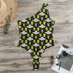 Green Alien UFO Space Print One Shoulder Bodysuit