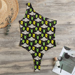 Green Alien UFO Space Print One Shoulder Bodysuit