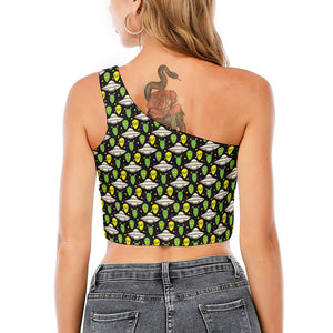 Green Alien UFO Space Print One Shoulder Crop Top