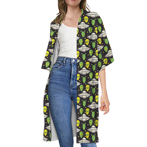 Green Alien UFO Space Print Open Front Beach Cover Up