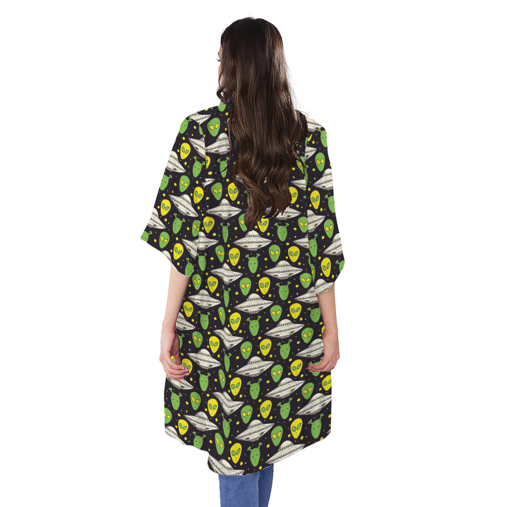 Green Alien UFO Space Print Open Front Beach Cover Up