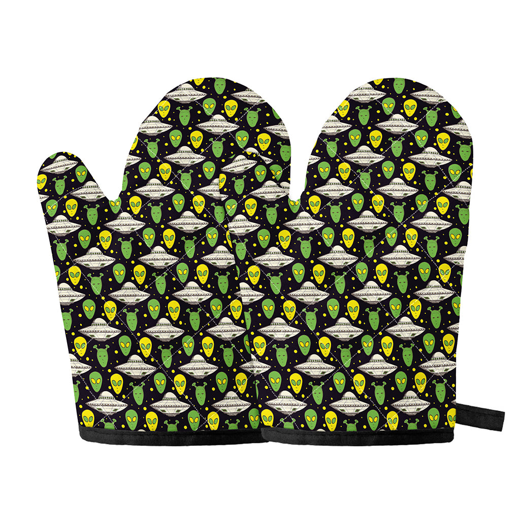Green Alien UFO Space Print Oven Mitts