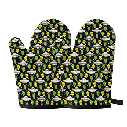 Green Alien UFO Space Print Oven Mitts