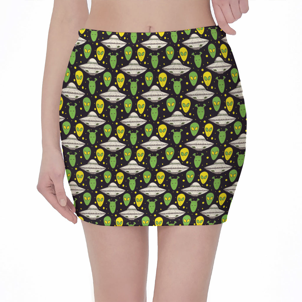 Green Alien UFO Space Print Pencil Mini Skirt