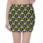 Green Alien UFO Space Print Pencil Mini Skirt