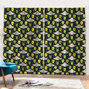 Green Alien UFO Space Print Pencil Pleat Curtains