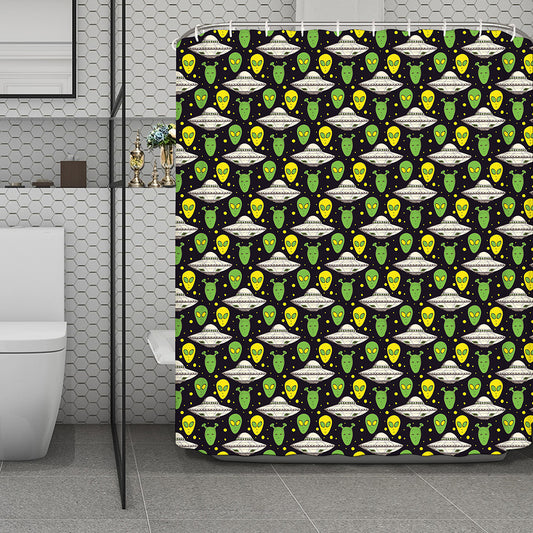 Green Alien UFO Space Print Polyester Shower Curtain