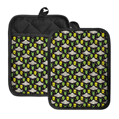 Green Alien UFO Space Print Pot Holders With Pocket