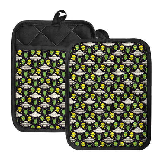 Green Alien UFO Space Print Pot Holders With Pocket