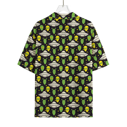 Green Alien UFO Space Print Rayon Hawaiian Shirt