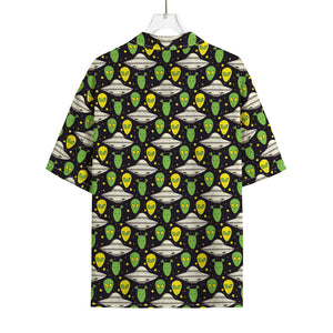 Green Alien UFO Space Print Rayon Hawaiian Shirt