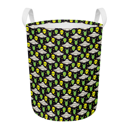 Green Alien UFO Space Print Round Laundry Basket