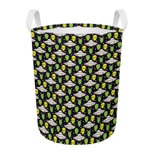 Green Alien UFO Space Print Round Laundry Basket