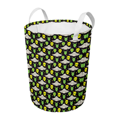 Green Alien UFO Space Print Round Laundry Basket