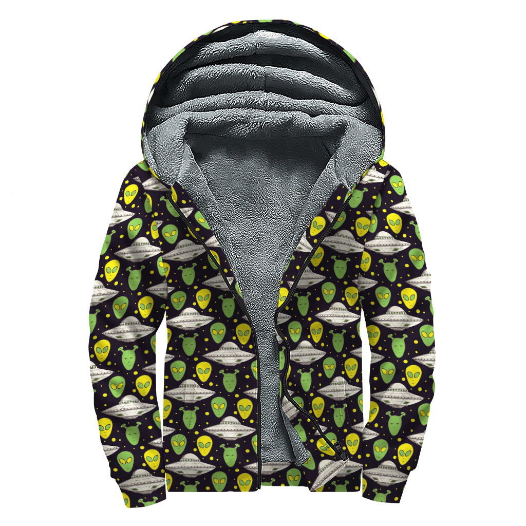 Green Alien UFO Space Print Sherpa Lined Zip Up Hoodie