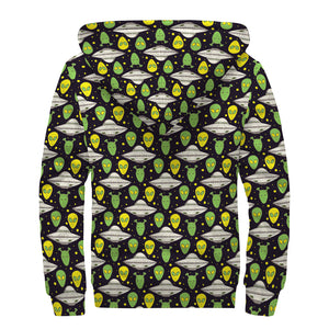 Green Alien UFO Space Print Sherpa Lined Zip Up Hoodie