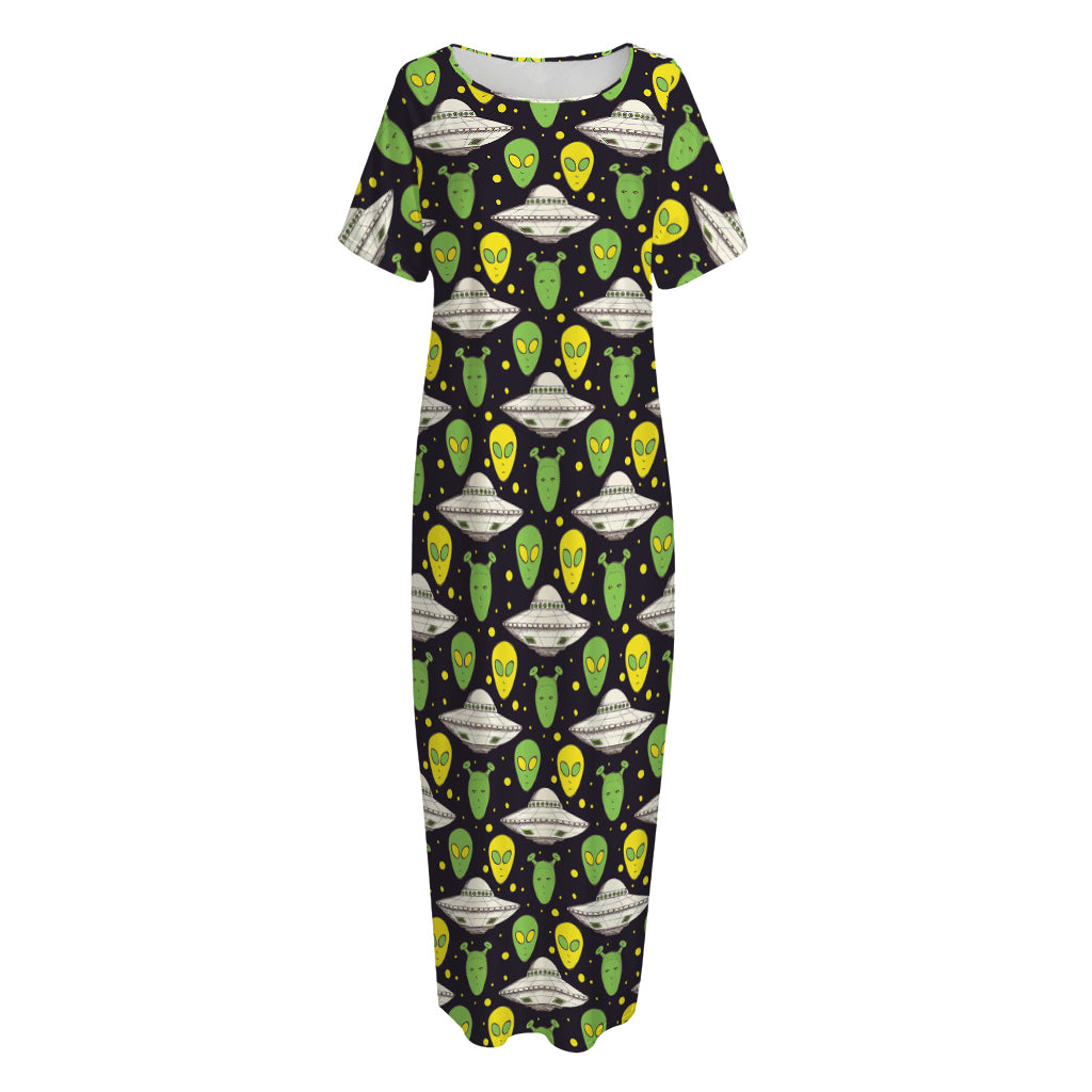 Green Alien UFO Space Print Short Sleeve Long Nightdress