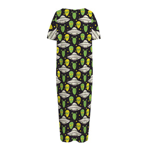 Green Alien UFO Space Print Short Sleeve Long Nightdress