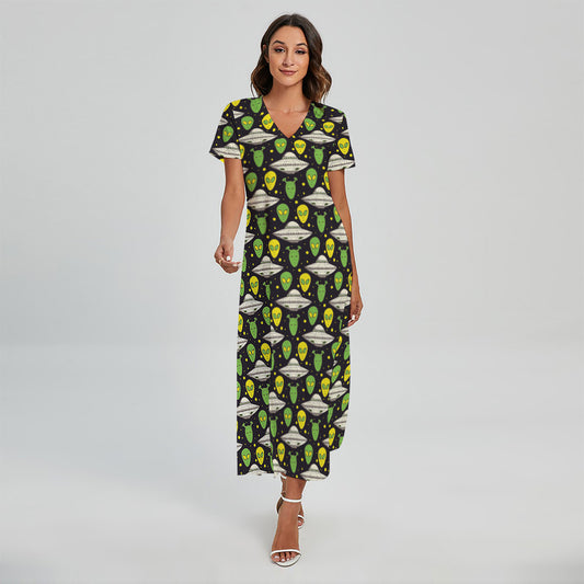 Green Alien UFO Space Print Short Sleeve Maxi Dress