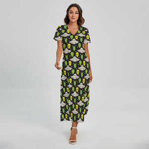 Green Alien UFO Space Print Short Sleeve Maxi Dress