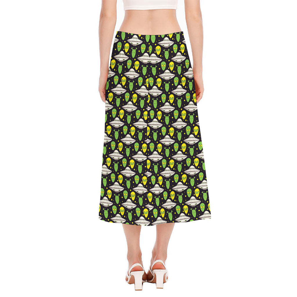 Green Alien UFO Space Print Side Slit Midi Skirt