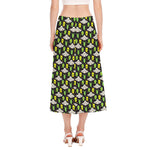 Green Alien UFO Space Print Side Slit Midi Skirt