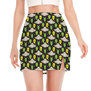 Green Alien UFO Space Print Side Slit Mini Skirt