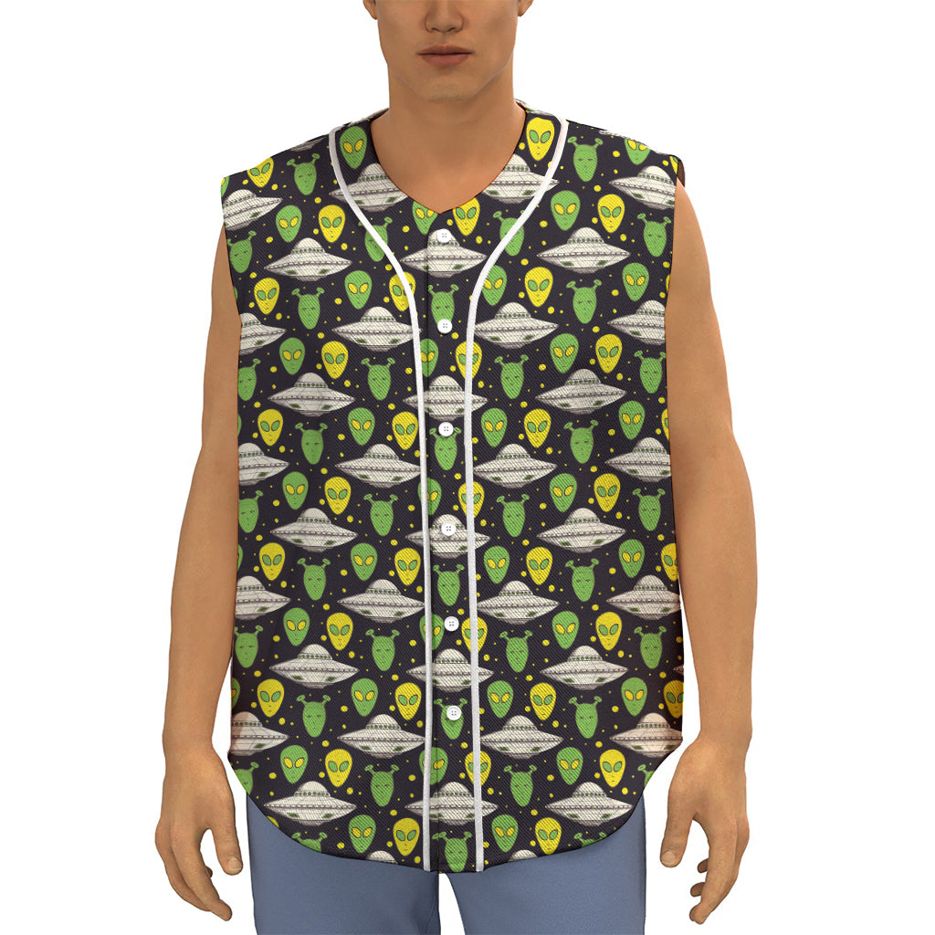Green Alien UFO Space Print Sleeveless Baseball Jersey