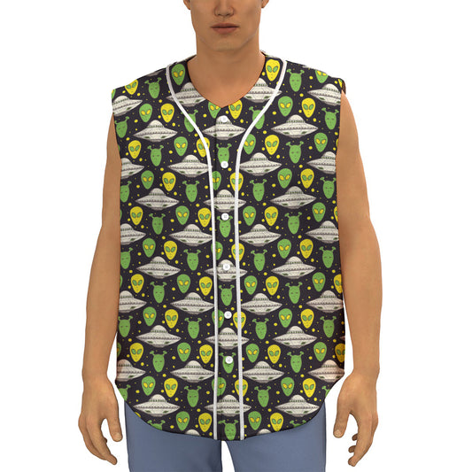 Green Alien UFO Space Print Sleeveless Baseball Jersey