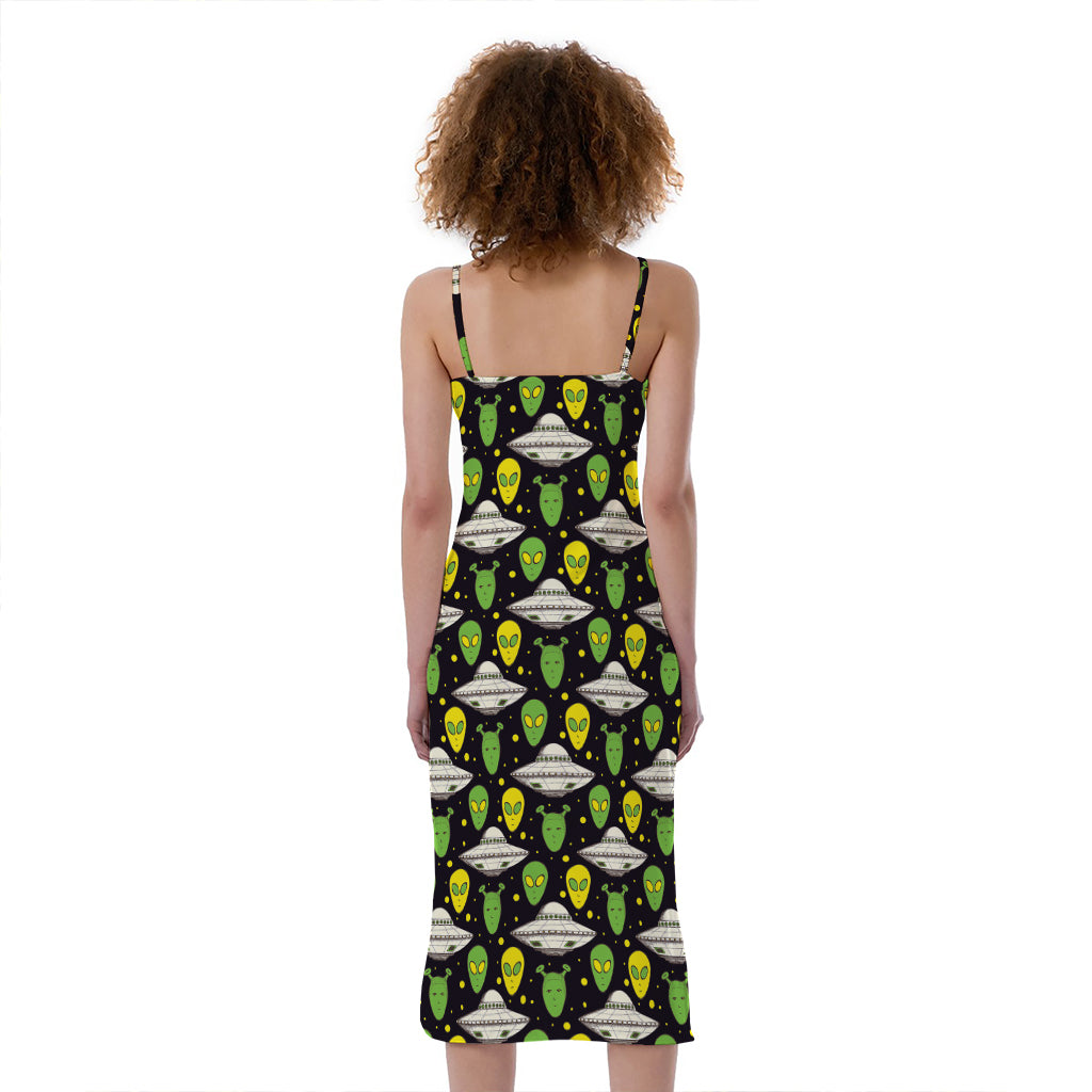 Green Alien UFO Space Print Slim Fit Midi Cami Dress