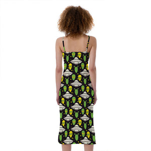 Green Alien UFO Space Print Slim Fit Midi Cami Dress