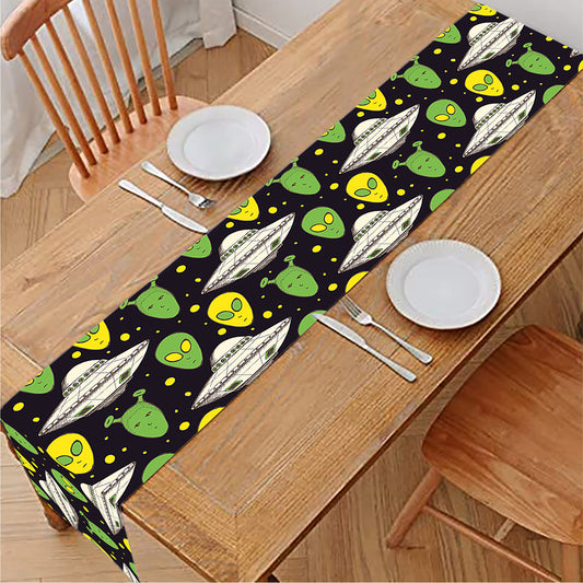 Green Alien UFO Space Print Table Runner