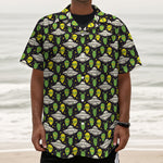 Green Alien UFO Space Print Textured Short Sleeve Shirt