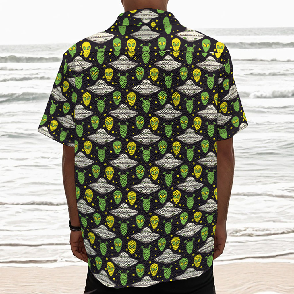 Green Alien UFO Space Print Textured Short Sleeve Shirt