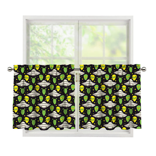 Green Alien UFO Space Print Tier Curtains
