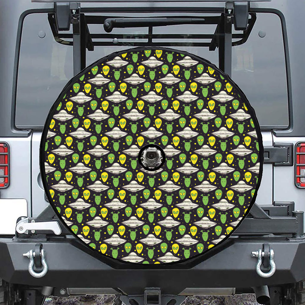 Green Alien UFO Space Print Tire Cover With Camera Hole