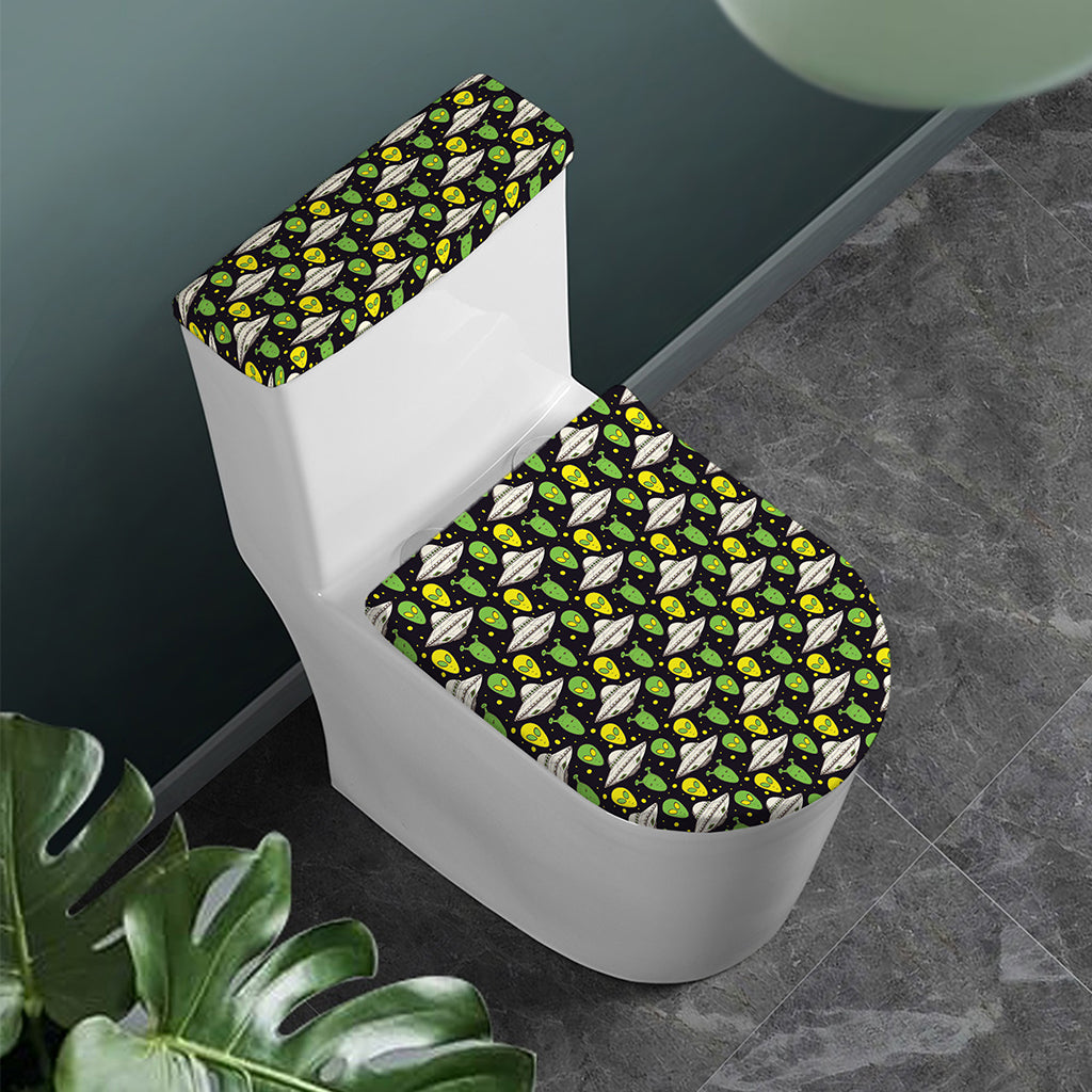 Green Alien UFO Space Print Toilet Lid And Tank Cover Set