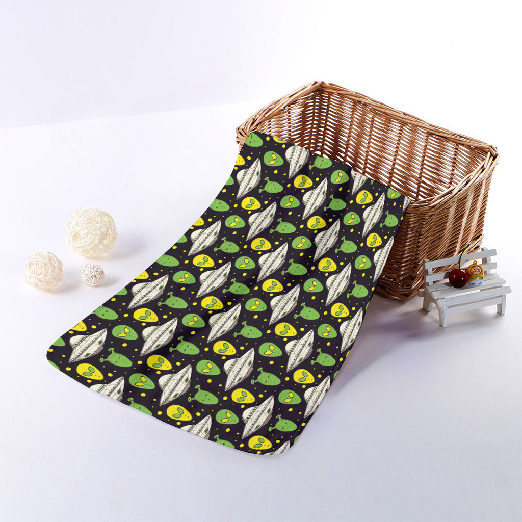 Green Alien UFO Space Print Towel