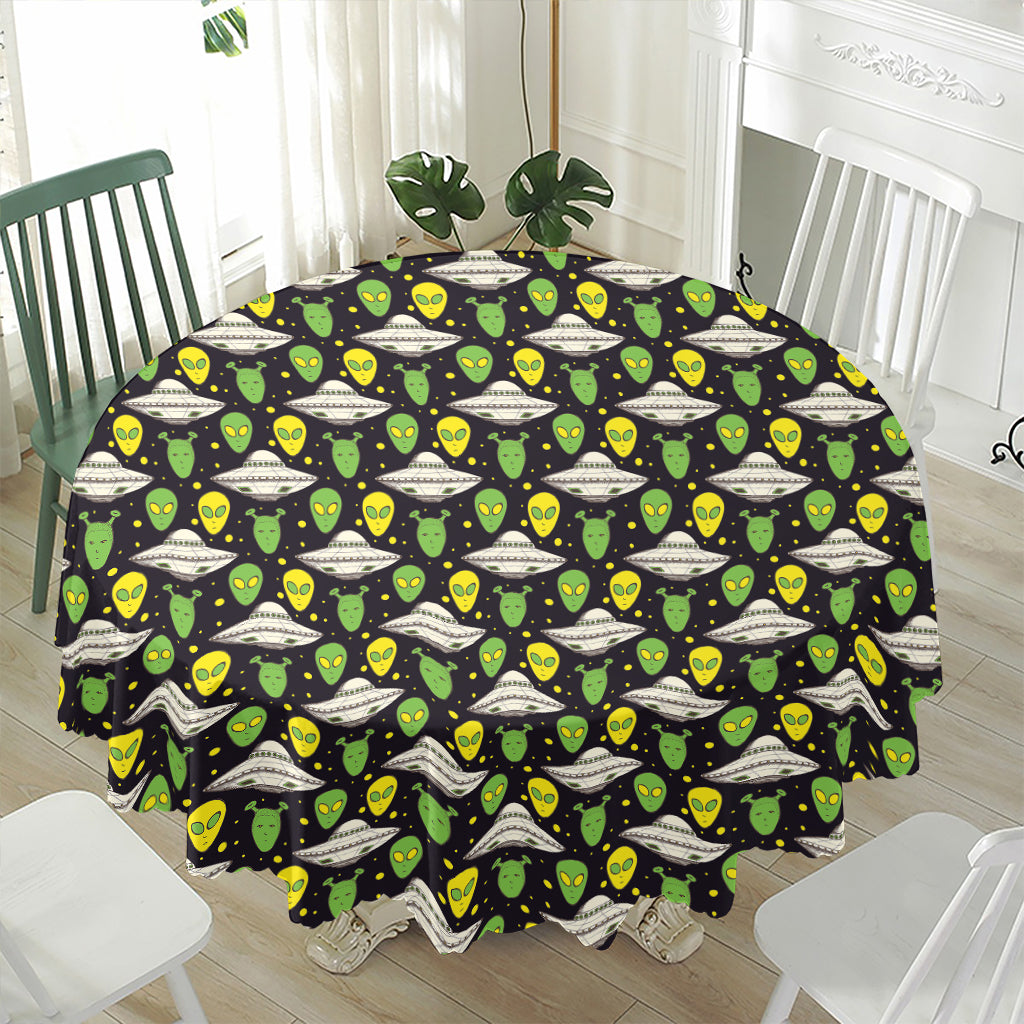 Green Alien UFO Space Print Waterproof Round Tablecloth