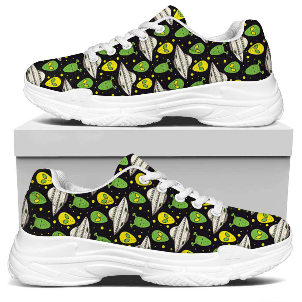 Green Alien UFO Space Print White Chunky Shoes