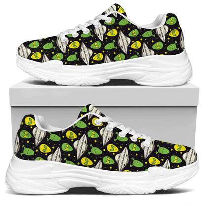 Green Alien UFO Space Print White Chunky Shoes