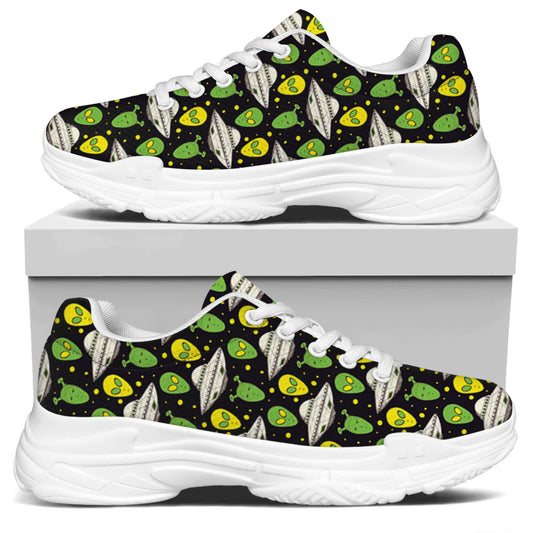 Green Alien UFO Space Print White Chunky Shoes